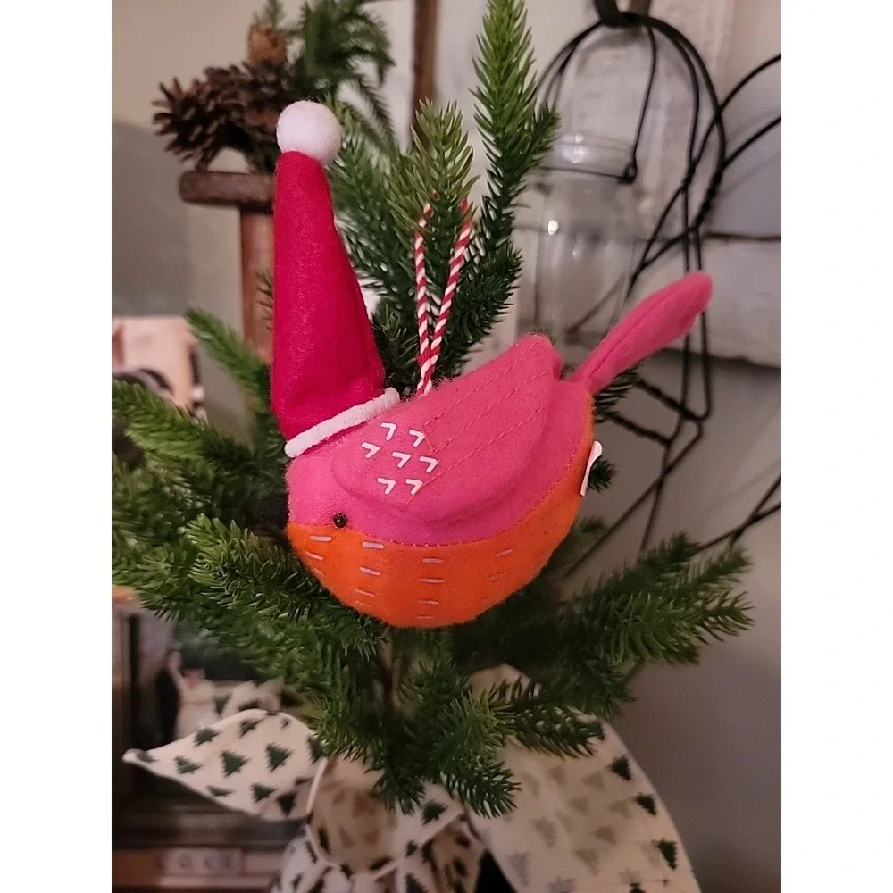 Wondershop Christmas 2015 Holiday Felt Pink& Orange Bird Ornament  Red Santa Hat